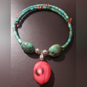 Turquoise Stone and Coral Pendant Necklace